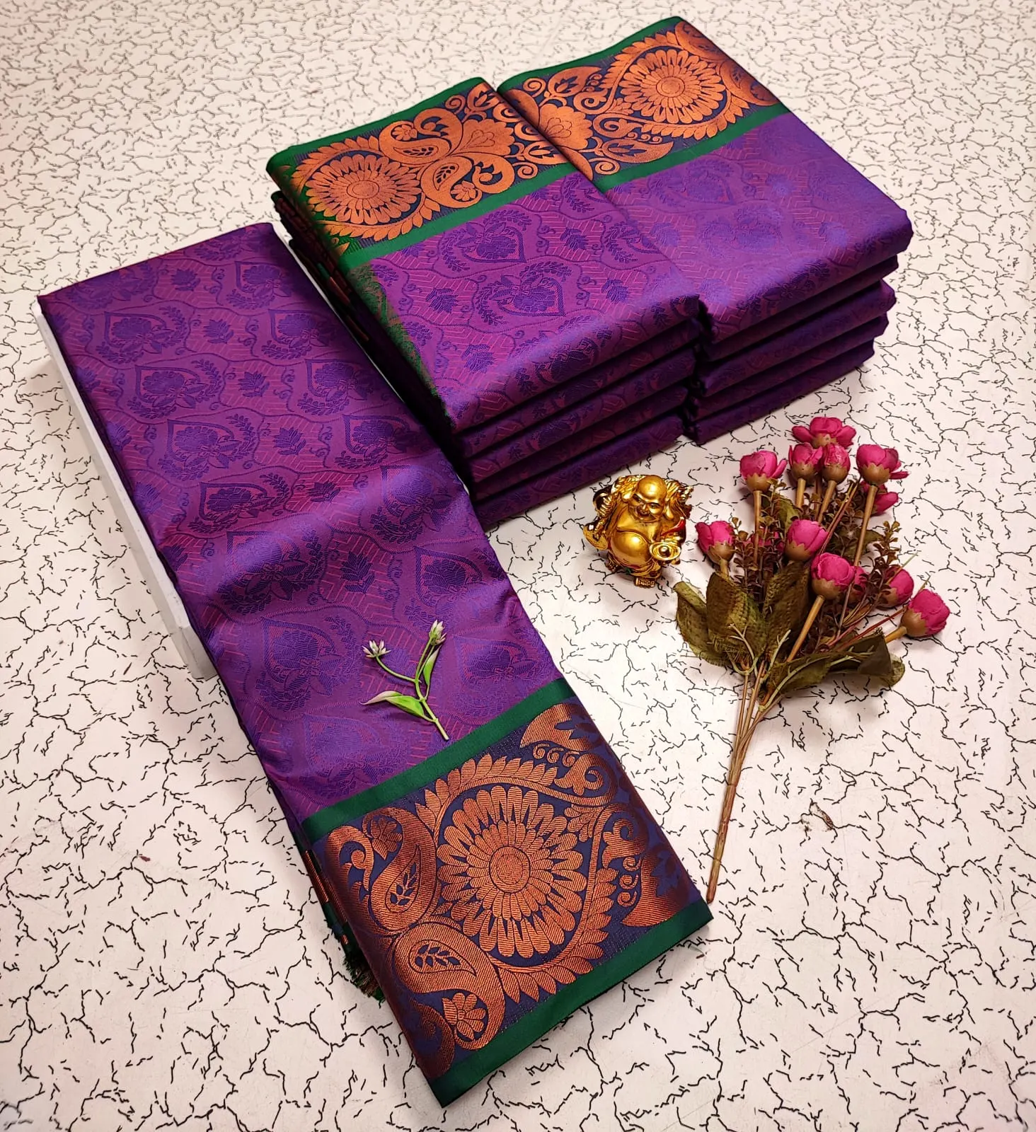 Royal Purple with Bottle Green Border Copper Zari Soft Silk Saree